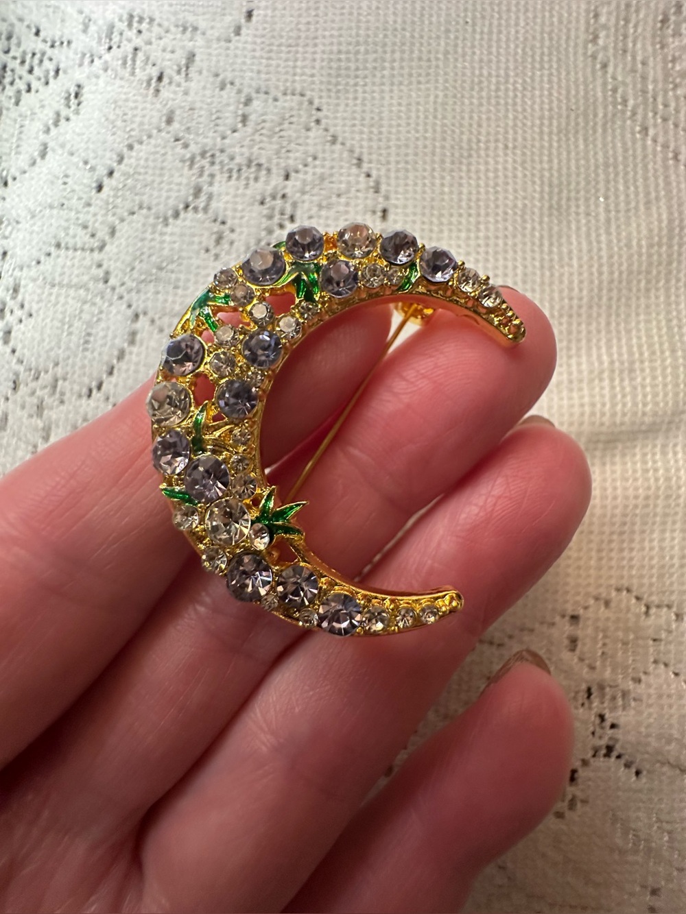 Gold Crescent Moon Crystal Brooch with Green Accents